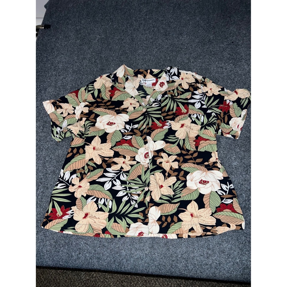 Cathy Daniels Women 2X Floral Hibiscus Button Down Shirt Cotton Rayon Black Top